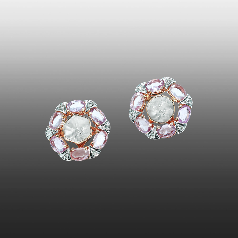 Polki Diamond Studs with Pink Sapphire Gem Halo and Pav&eacute; Detailing